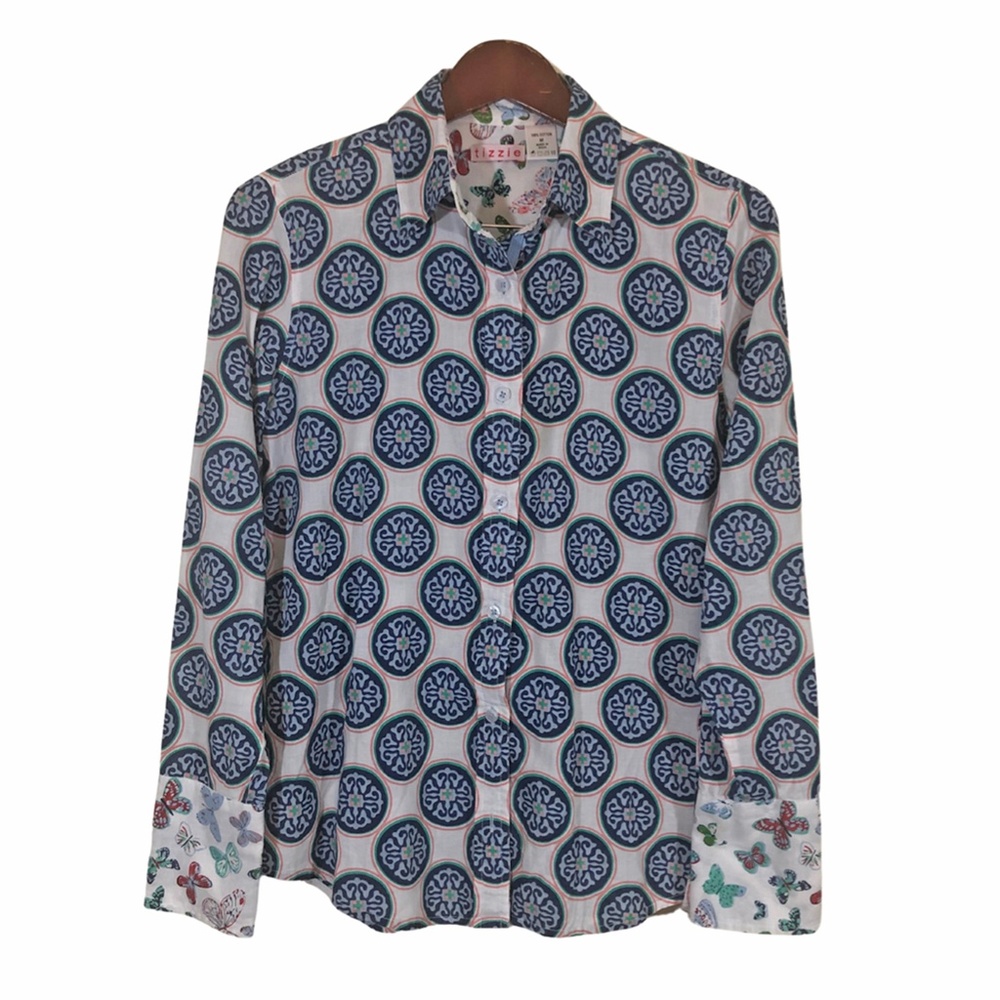 Tizzie Blue White Circle Pattern Button Down Shir… - image 1